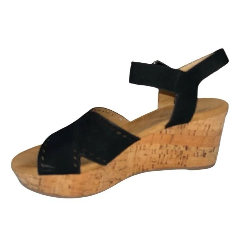 Pesaro Elle Black Faux Suede Cork Wedge‎ Sandals Perforated Strappy Size 8